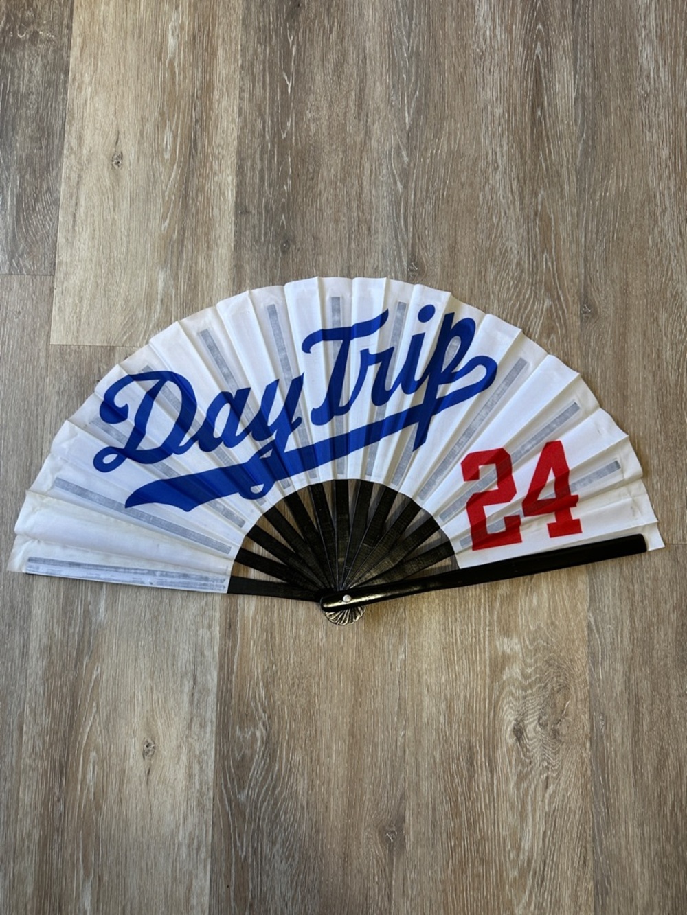 Day Trip Folding Fan with Blue Script and Red 24
